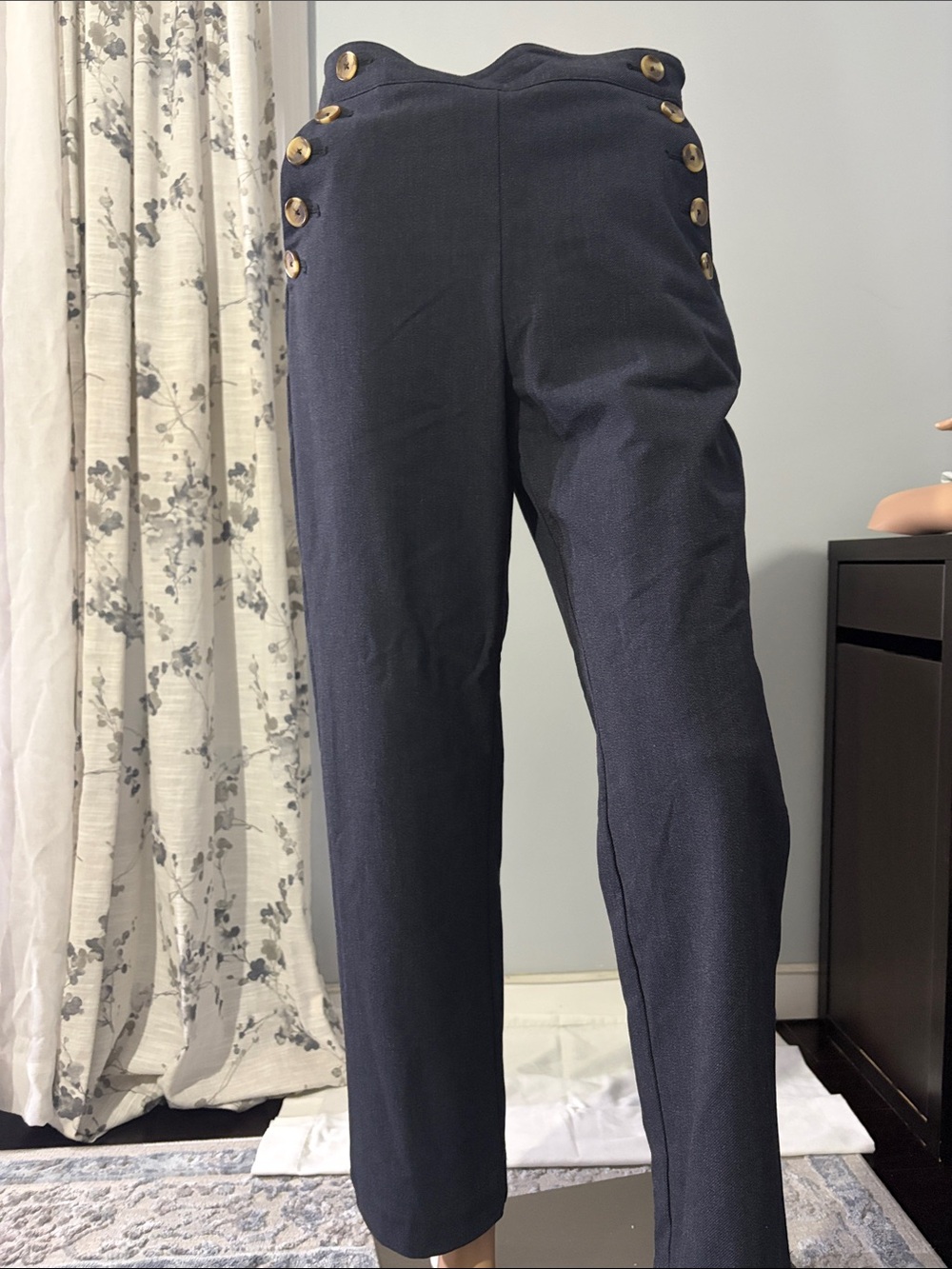 Navy High-Waist Button-Trim Women’s Trousers